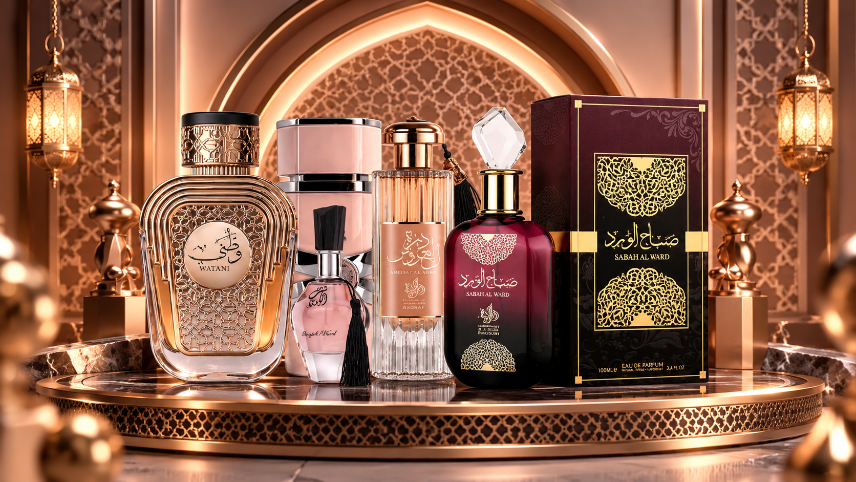 Seleção de perfumes árabes em cenário dourado